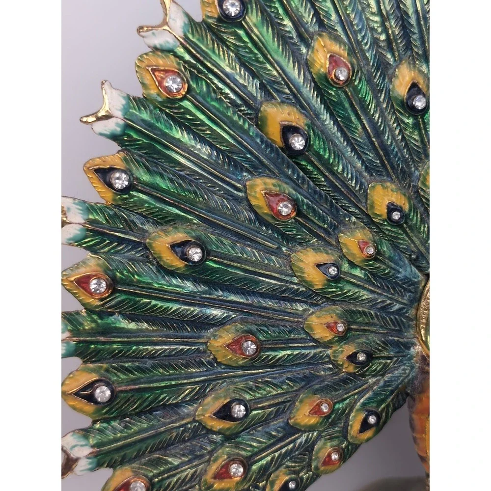 Sorelle Peacock Trinket Box Gold tone Hinged Storage Colorful Bejeweled